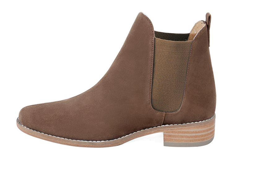 Chocolate brown women's ankle boots, with elastics. Round toe. Flat leather soles. Profile view - Florence KOOIJMAN